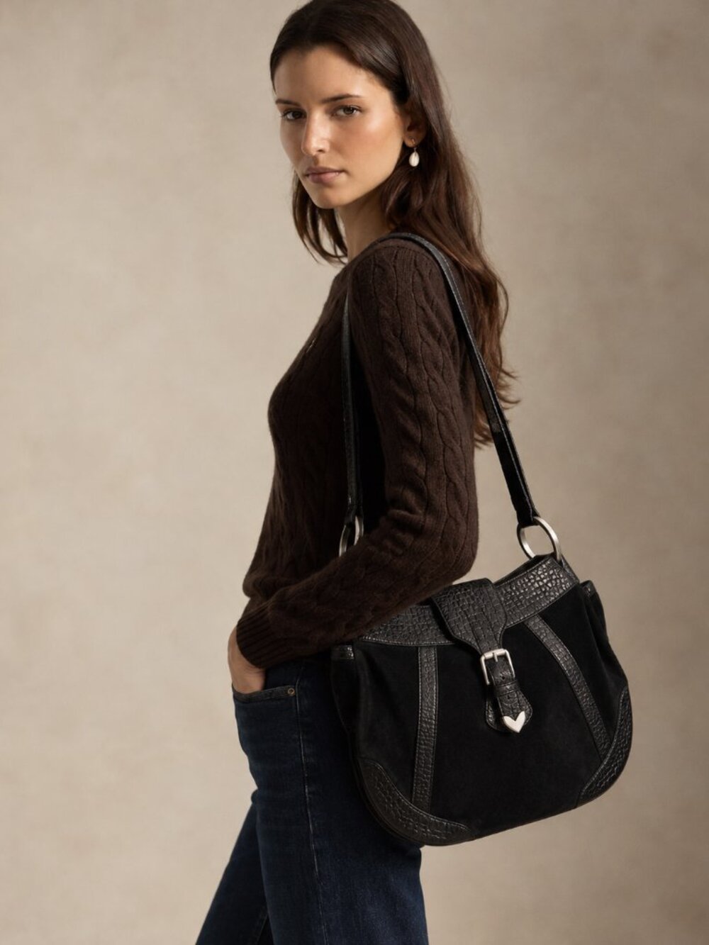 Ralph Lauren Black Suede Croc Embossed Shoulder Bag Silver Buckle